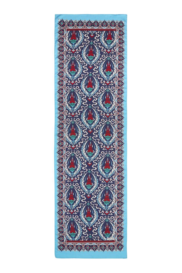 Navy Blue Turquoise Carnation Pattern Narrow Silky Foulard - 4