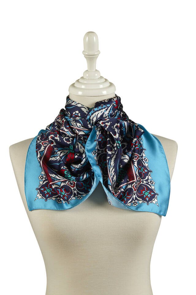 Navy Blue Turquoise Carnation Pattern Narrow Silky Foulard - 2