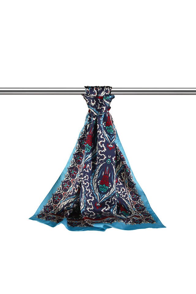 Navy Blue Turquoise Carnation Pattern Narrow Silky Foulard - 3
