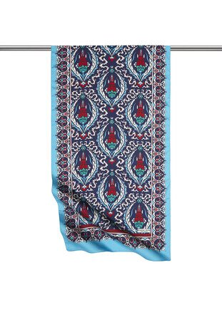 Navy Blue Turquoise Carnation Pattern Narrow Silky Foulard 