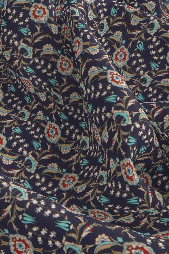 Navy Blue Turquoise Ivy Tulip Pattern Silk Pocket Square - 3