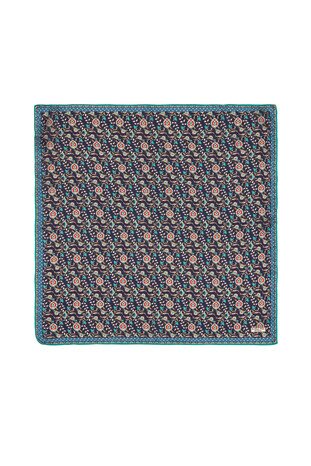 Navy Blue Turquoise Ivy Tulip Pattern Silk Pocket Square - Thumbnail