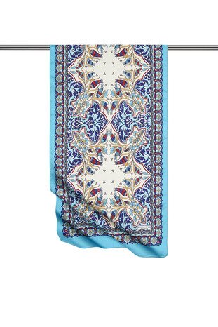 Navy Blue Turquoise Tile Tulip Pattern Narrow Silky Foulard 