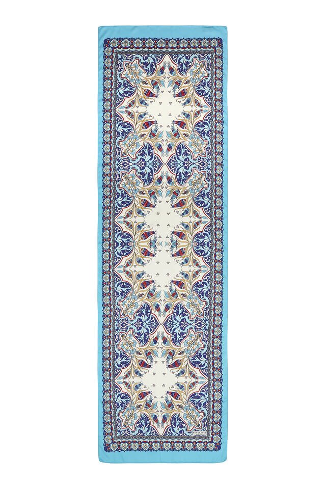 Navy Blue Turquoise Tile Tulip Pattern Narrow Silky Foulard - 4