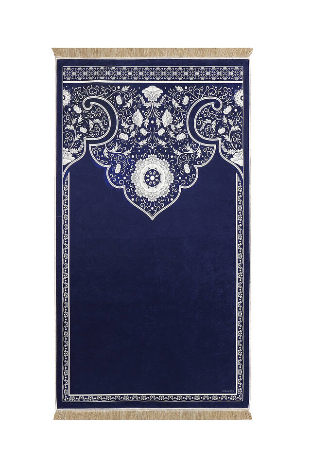 Navy Blue Velvet Carpet Prayer Rug - Bursa İpek
