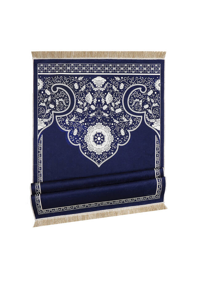 Navy Blue Velvet Carpet Prayer Rug - 4