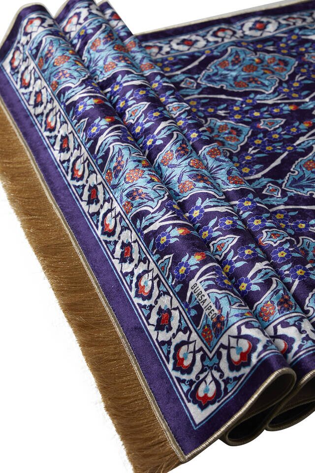 Navy Blue Velvet Carpet Prayer Rug - 3