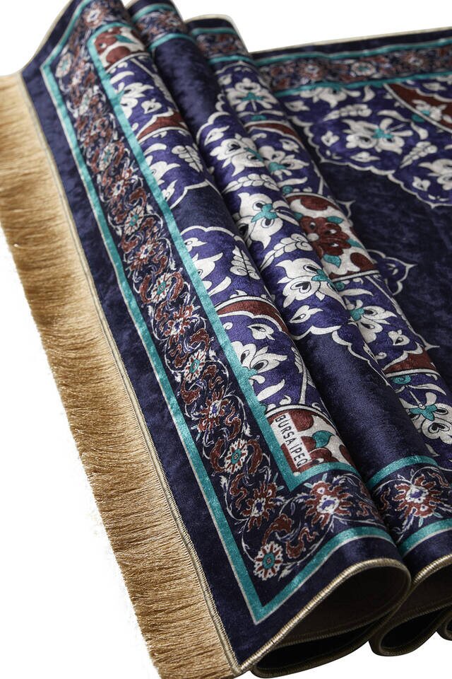 Navy Blue Velvet Carpet Prayer Rug - 3