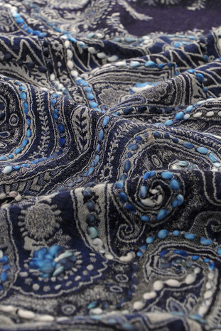 Navy Blue Washed Wool & Fur Pompom Shawl - Thumbnail