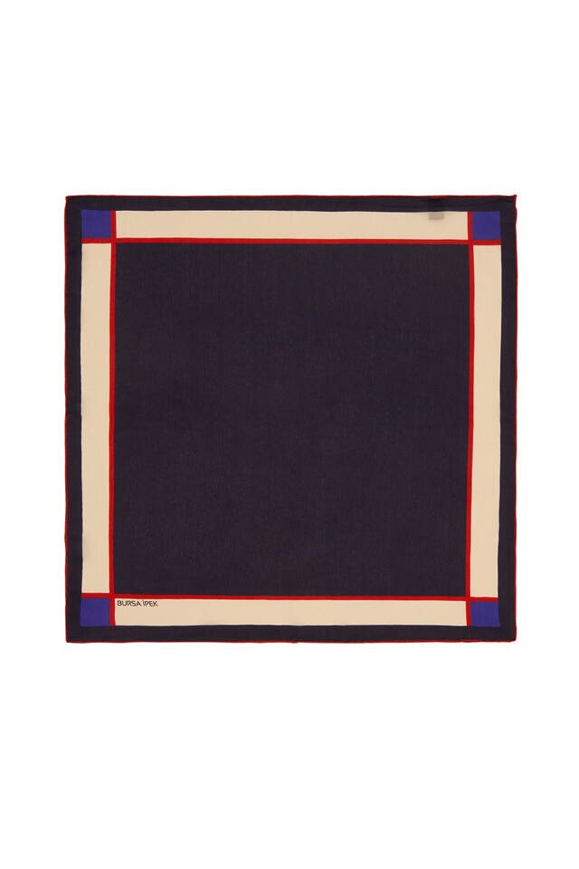 Navy Blue Wide Border Plain Silk Pocket Square - Bursa İpek