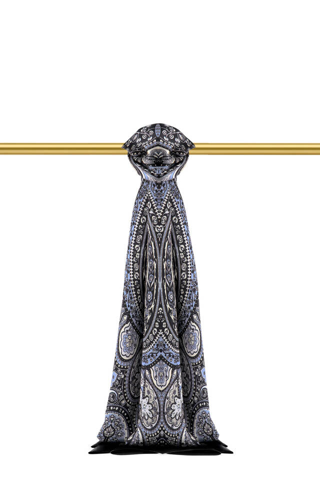 Indigo Nil Pattern Sura Silk Shawl - Bursa İpek
