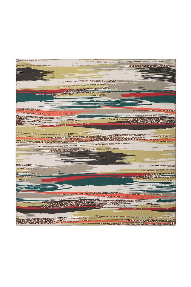 Oil Green Brush Pattern Soft Square Scarf - Bursa İpek