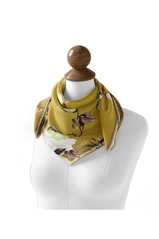Oil Green Floral Twill Silk Square Scarf - Thumbnail