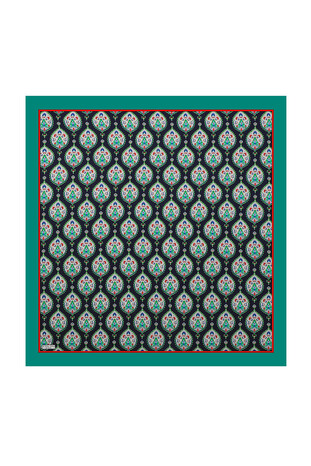 Oil Green Hatai Pattern Silk Square Scarf - Thumbnail