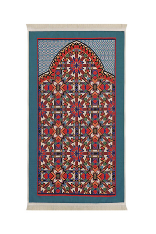 Oil Green Tile Pattern Lined Tapestry Prayer Rug - Thumbnail