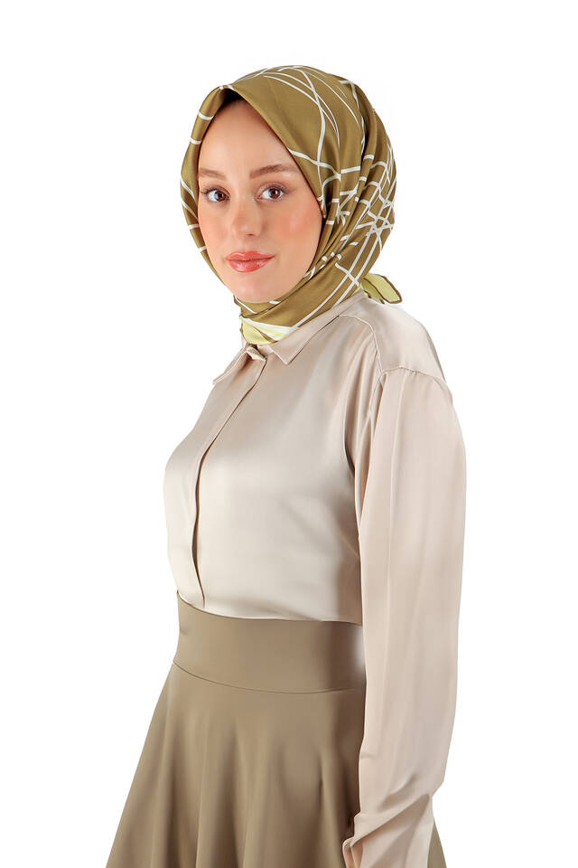 Olive Green Echo Pattern Twill Silk Square Scarf - 2