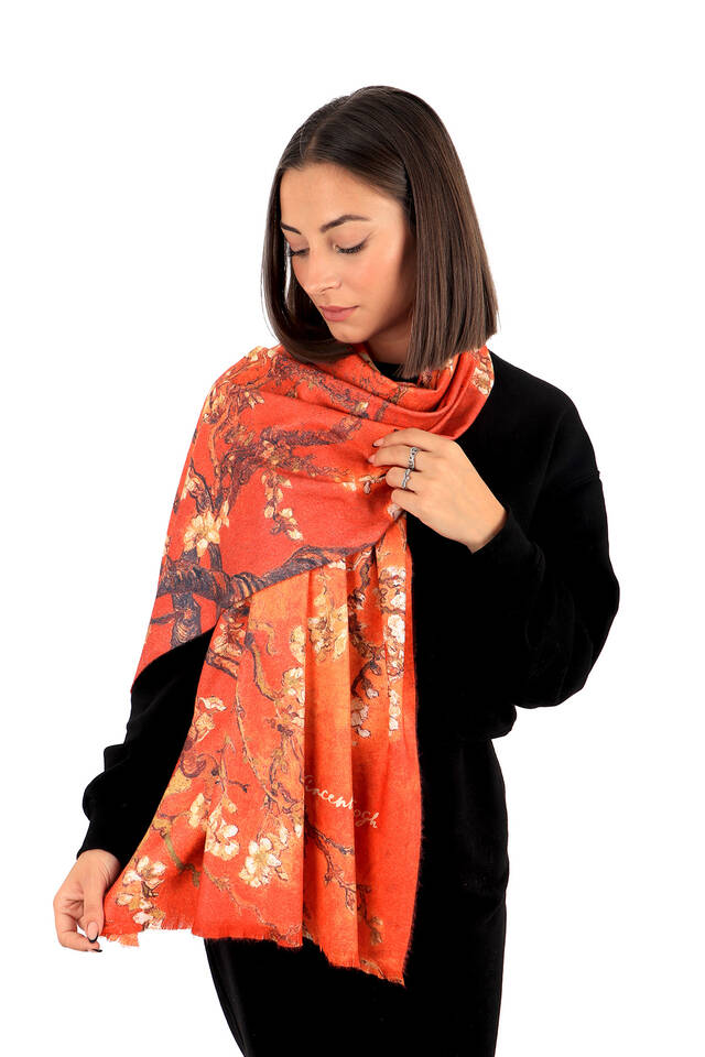 Orange Almond Blossom Pattern Winter Shawl - 2