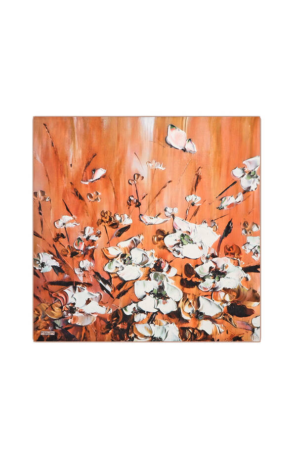 Orange Anemone Pattern Silk Pocket Square - Bursa İpek