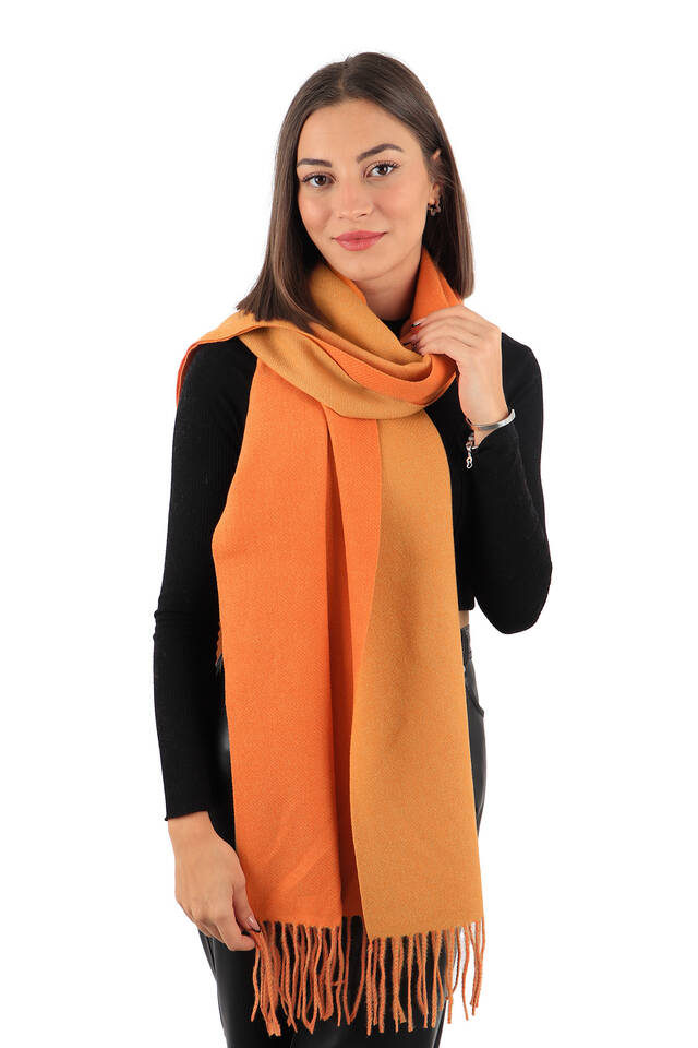 Orange Beige Double Sided Winter Shawl - 2