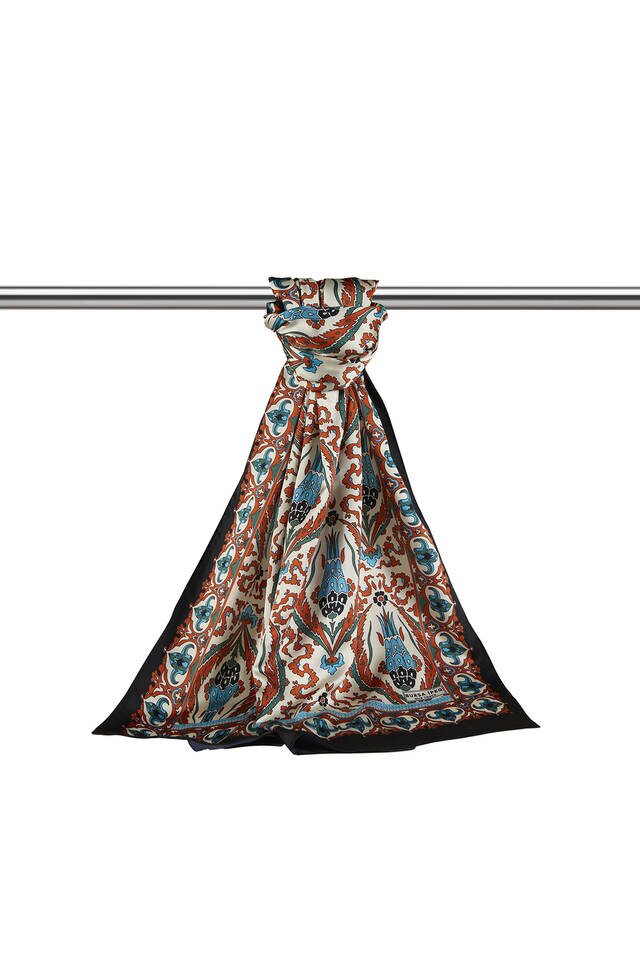 Orange Black Carnation Pattern Narrow Silky Foulard - 3