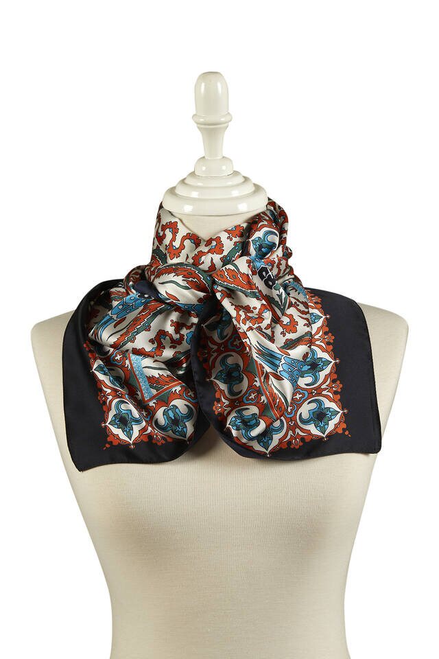 Orange Black Carnation Pattern Narrow Silky Foulard - 2
