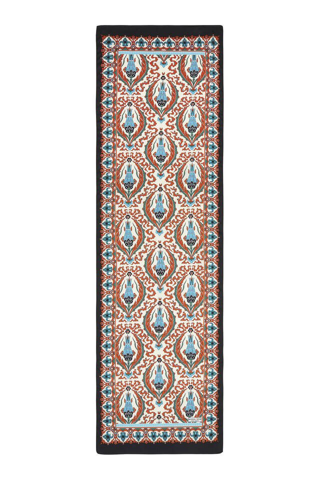 Orange Black Carnation Pattern Narrow Silky Foulard - 4