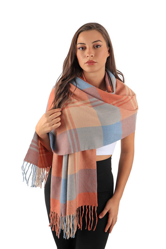 Orange Blue Patterned Winter Shawl - 2
