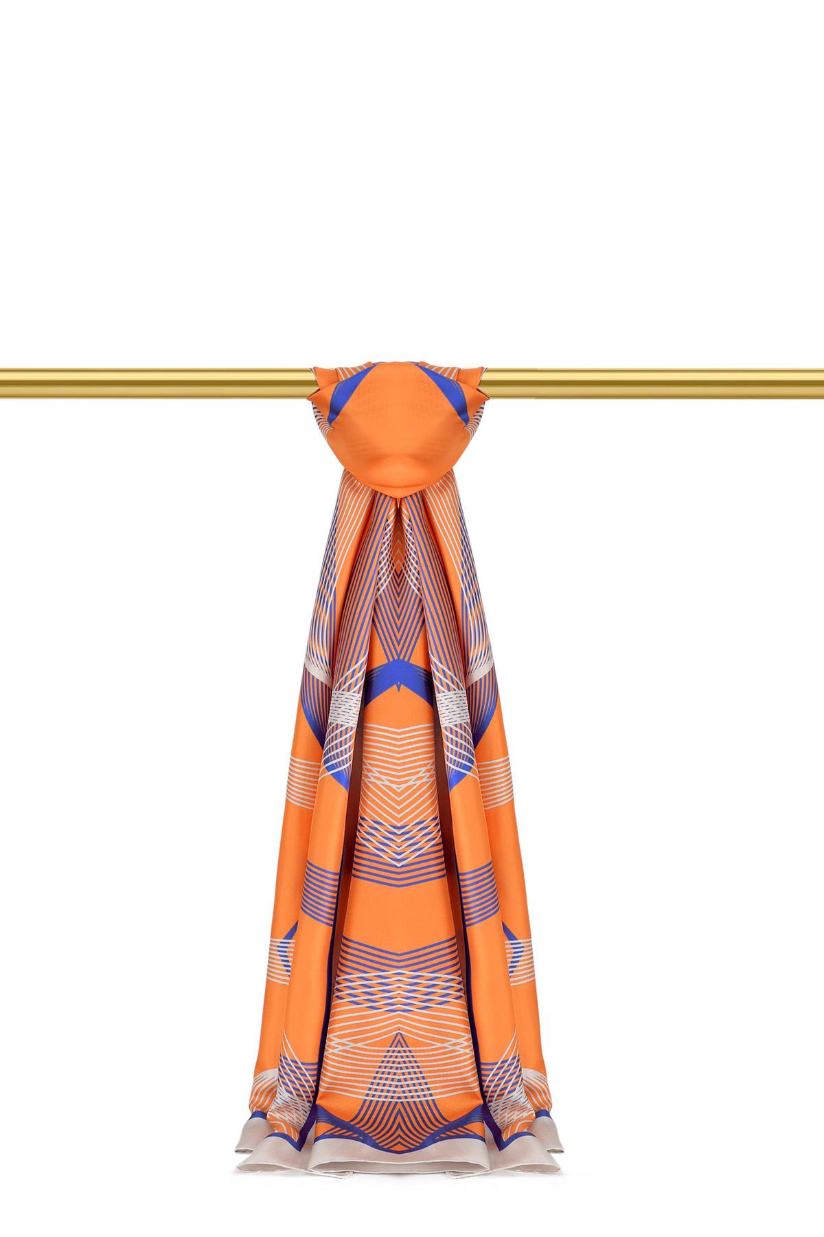 Orange Carousel Pattern Twill Silk Scarf - Bursa İpek