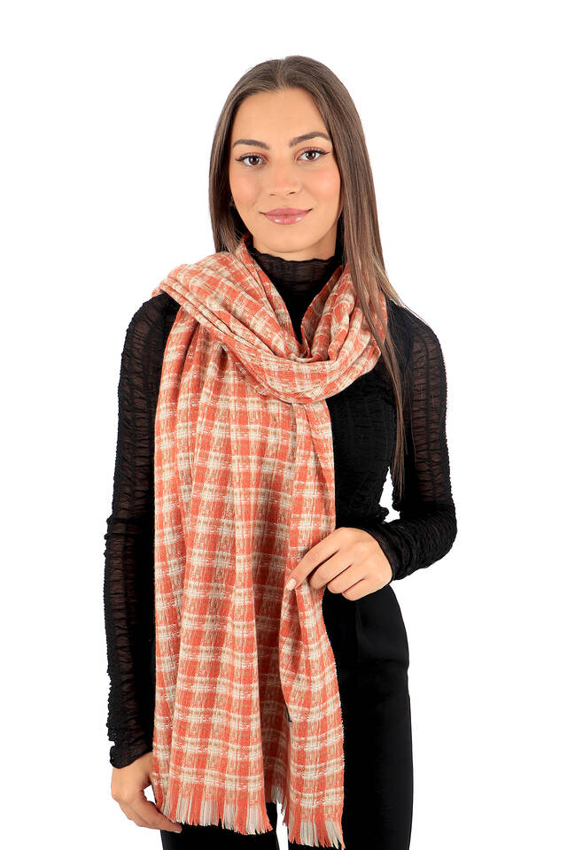 Orange Cream Plaid Pattern Winter Shawl - 2