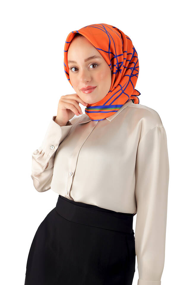 Orange Echo Pattern Twill Silk Square Scarf - 2