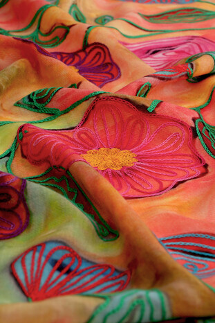 Orange Embroidered Marimo Wool Shawl - Thumbnail