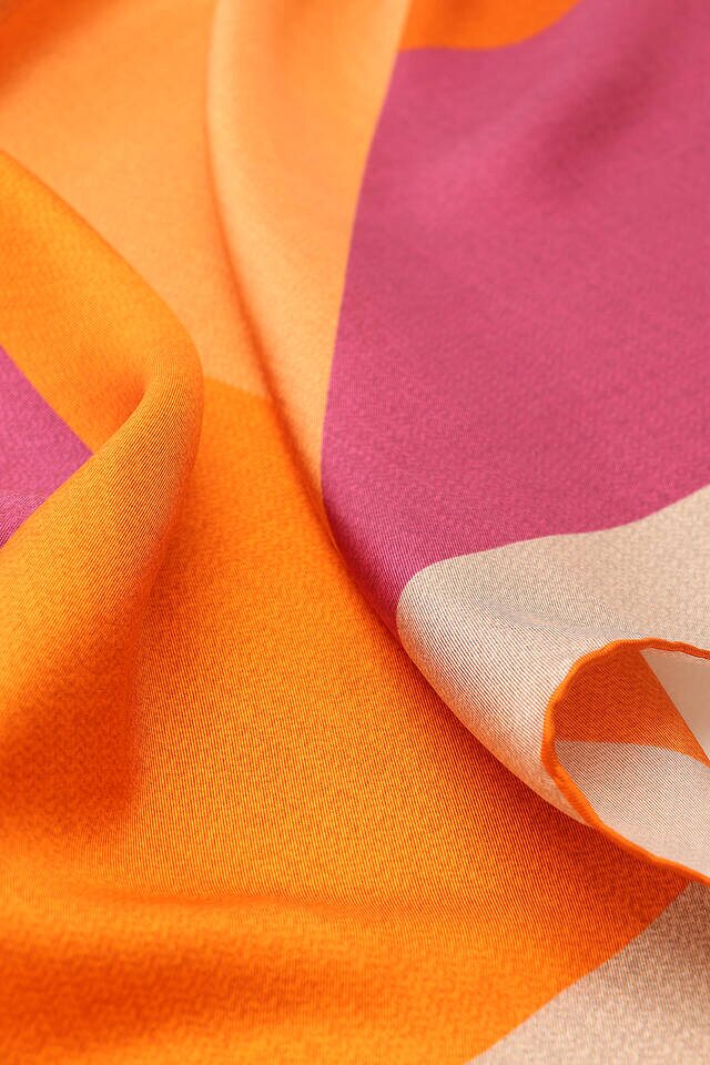 Orange Fuchsia Geometric Pattern Twill Silk Square Scarf - 3