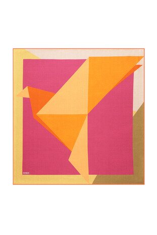 Orange Fuchsia Geometric Pattern Twill Silk Square Scarf - Thumbnail