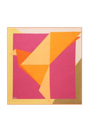 Orange Fuchsia Geometric Pattern Twill Silk Square Scarf 