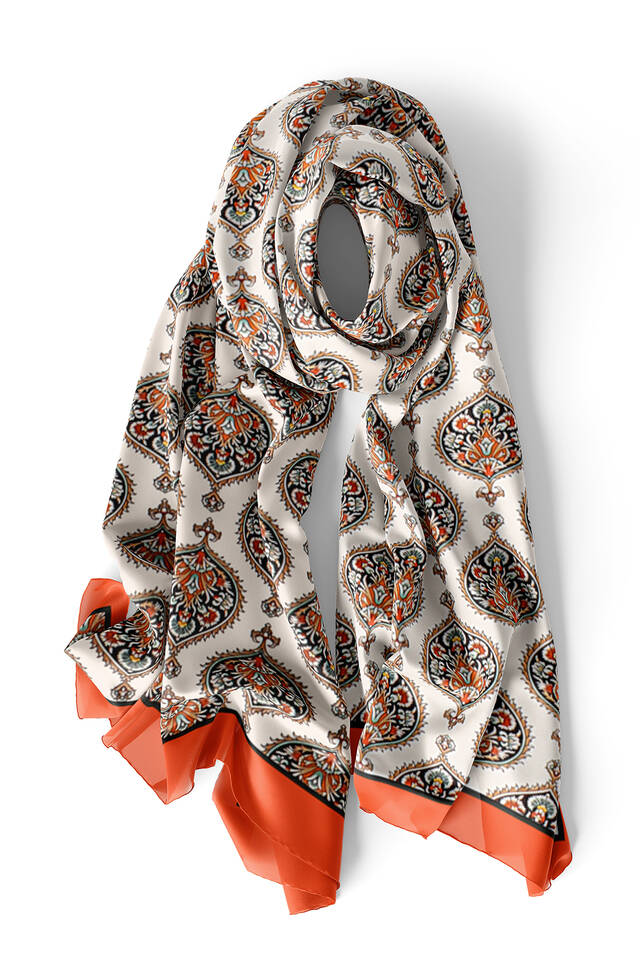 Orange Hatai Pattern Silk Foulard - 3