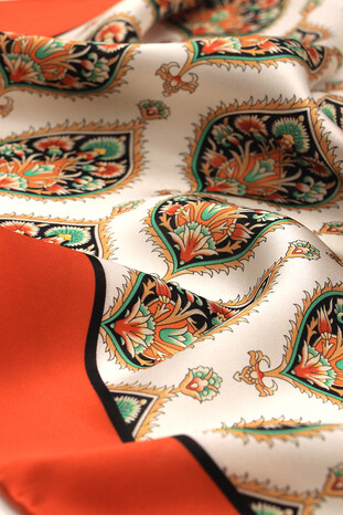Orange Hatai Pattern Silk Square Scarf - Thumbnail