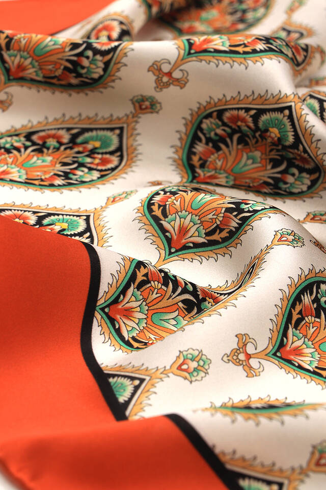 Orange Hatai Pattern Silk Square Scarf - 3