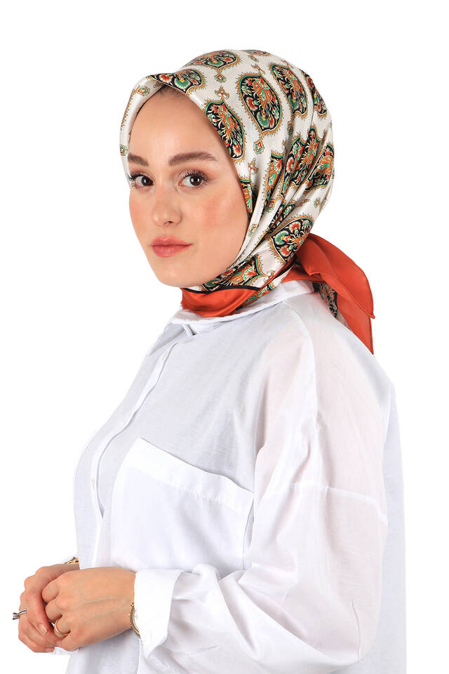 Orange Hatai Pattern Silk Square Scarf - 2