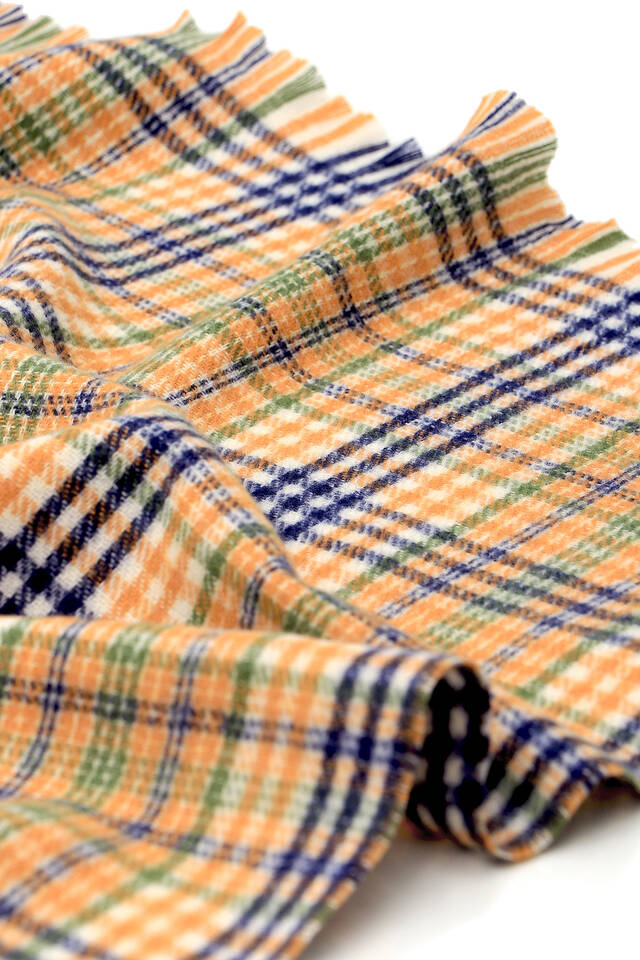 Orange Navy Blue Plaid Pattern Winter Shawl - 4