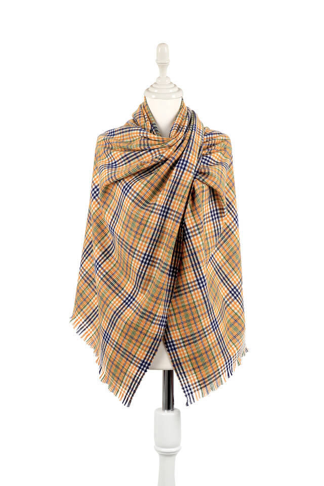 Orange Navy Blue Plaid Pattern Winter Shawl - Bursa İpek