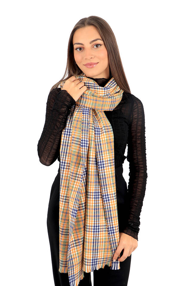 Orange Navy Blue Plaid Pattern Winter Shawl - 2