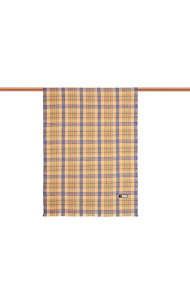 Orange Navy Blue Plaid Pattern Winter Shawl - 3