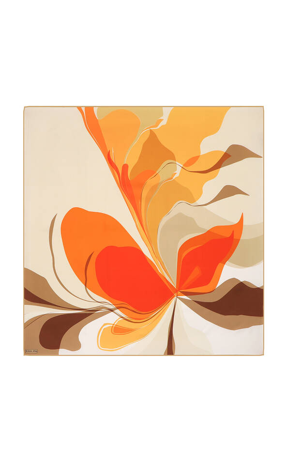 Orange Orchid Pattern Twill Silk Square Scarf - 2