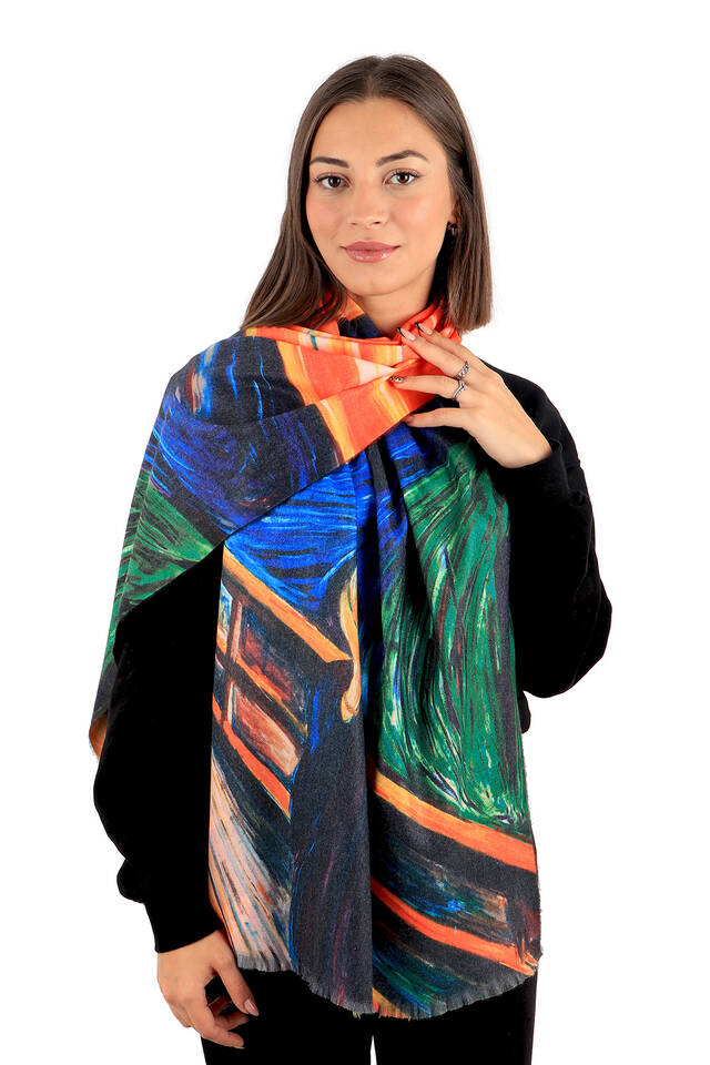 Orange Scream Pattern Winter Shawl - 2