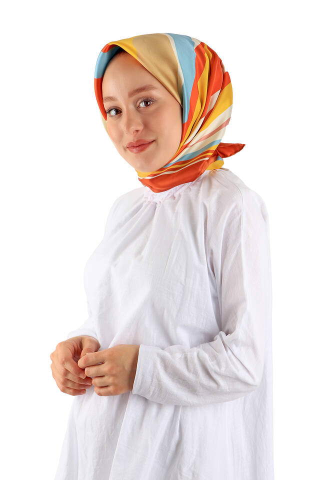 Orange Wave Pattern Twill Silk Square Scarf - 2