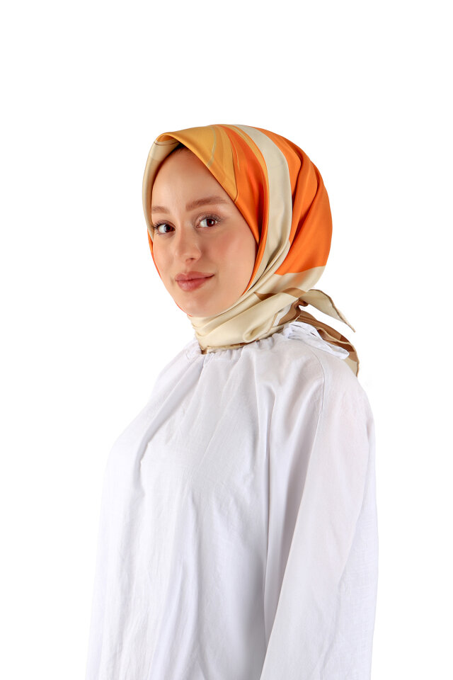Turuncu Orkide Desen Twill İpek Eşarp - 1