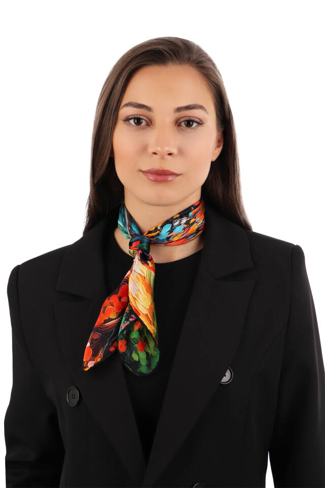 Turuncu Orman Desen İpek Mendil - 2