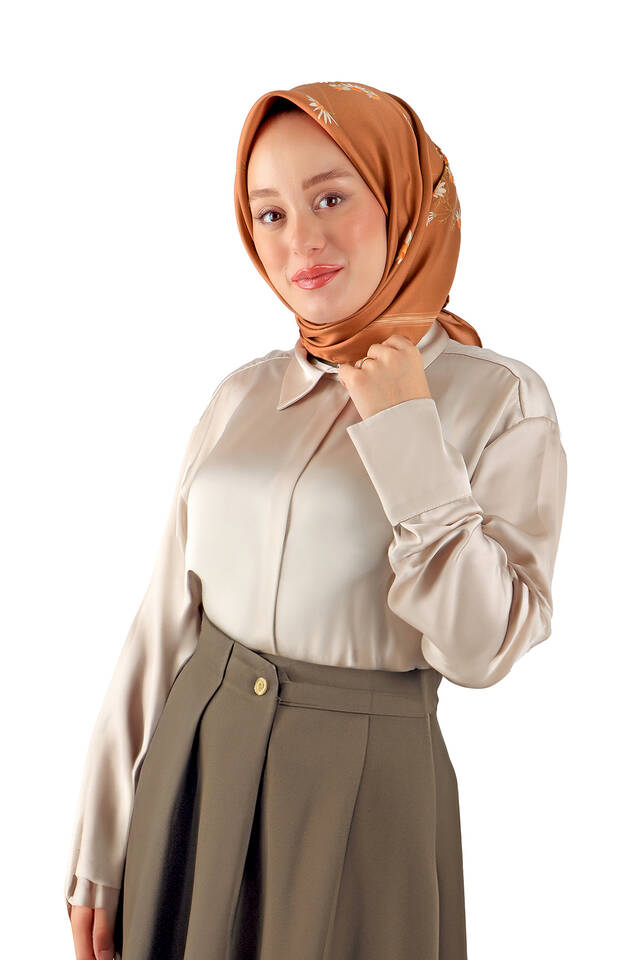Bakır Papatya Desen Twill İpek Eşarp - 2