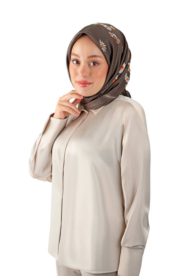 Kahverengi Papatya Desen Twill İpek Eşarp - 2