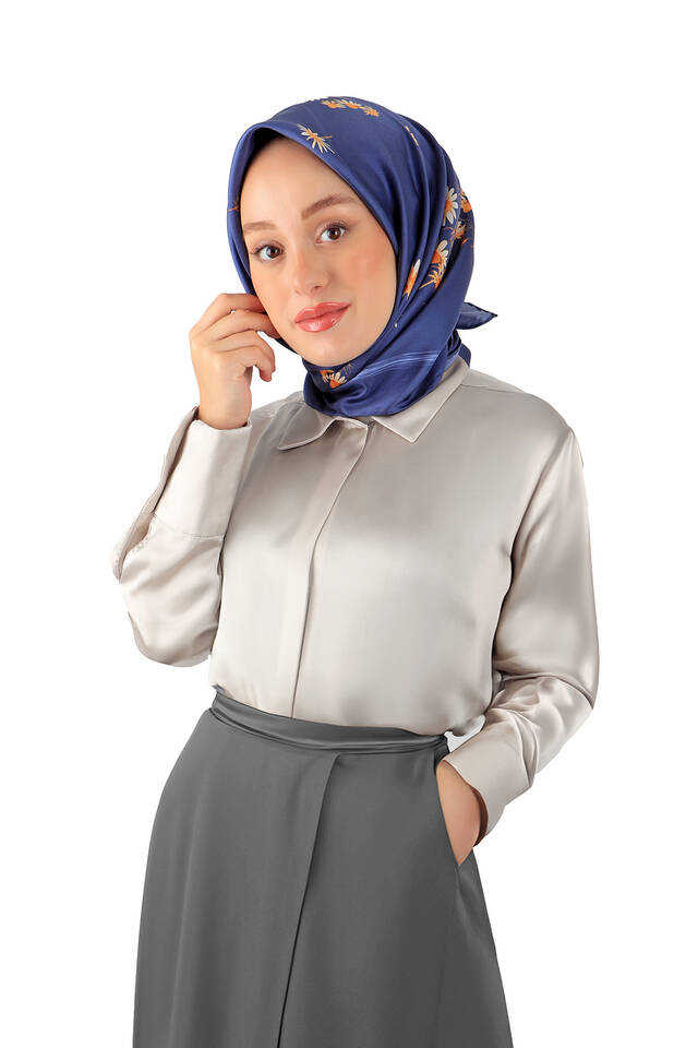 Lacivert Papatya Desen Twill İpek Eşarp - 2